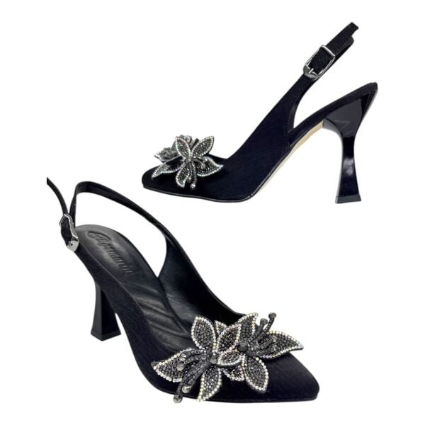 Swarovski Taş Tokalı Siyah Krokodil Desenli Slingback Topuklu Ayakkabı