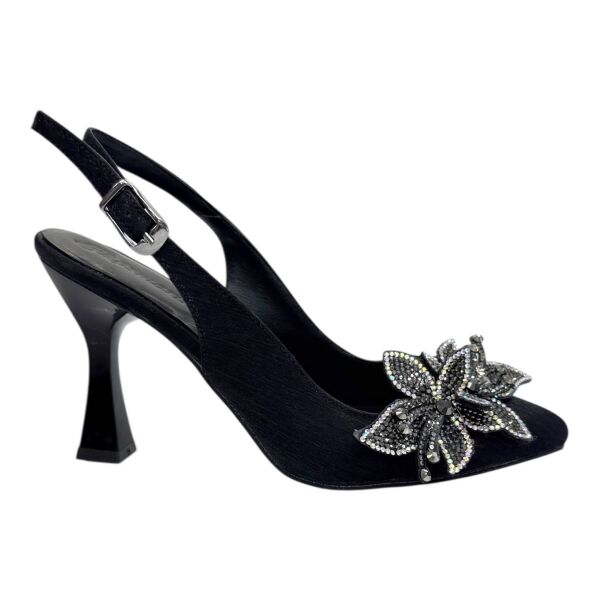 Swarovski Taş Tokalı Siyah Krokodil Desenli Slingback Topuklu Ayakkabı