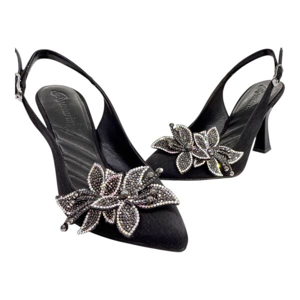 Swarovski Taş Tokalı Siyah Krokodil Desenli Slingback Topuklu Ayakkabı