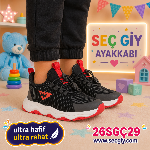 Erkek Çocuk Siyah Kırmızı Ultra Hafif Spor Ayakkabı