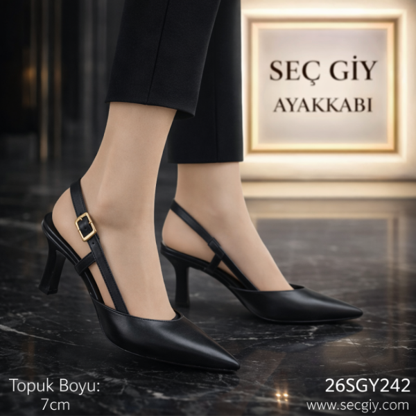 Siyah Çapraz Bantlı Slingback Kadın Topuklu Ayakkabı 7 cm