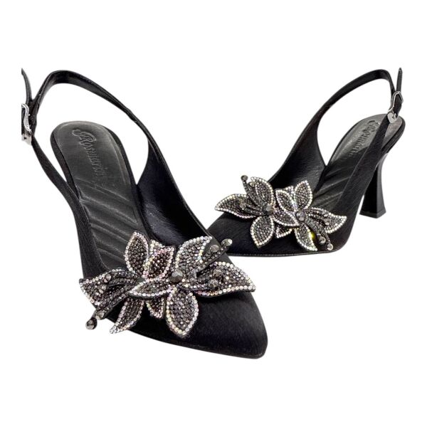 Swarovski Taş Tokalı Siyah Krokodil Desenli Slingback Topuklu Ayakkabı 37