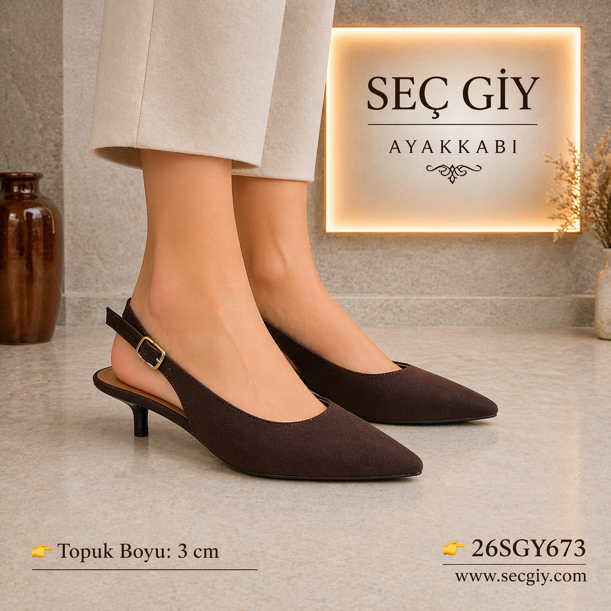 Kahverengi Slingback Sivri Burun Düşük Topuklu Ayakkabı Kadın 3 cm Günlük & Ofis Modeli