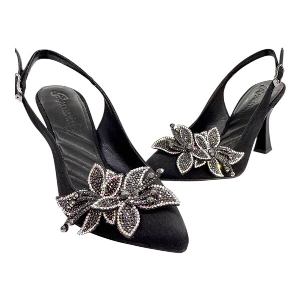Swarovski Taş Tokalı Siyah Krokodil Desenli Slingback Topuklu Ayakkabı 40