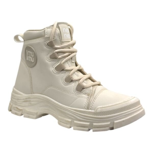 Krem Bağcıklı Kadın Bilek Botu Kalın Taban Yuvarlak Burun