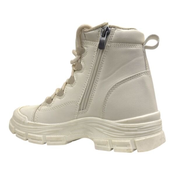 Krem Bağcıklı Kadın Bilek Botu Kalın Taban Yuvarlak Burun