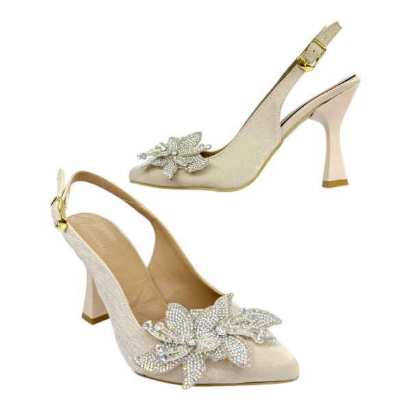 Swarovski Taş Tokalı Krem Krokodil Desenli Slingback Topuklu Ayakkabı