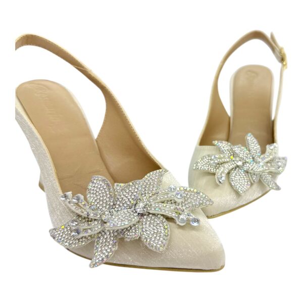 Swarovski Taş Tokalı Krem Krokodil Desenli Slingback Topuklu Ayakkabı