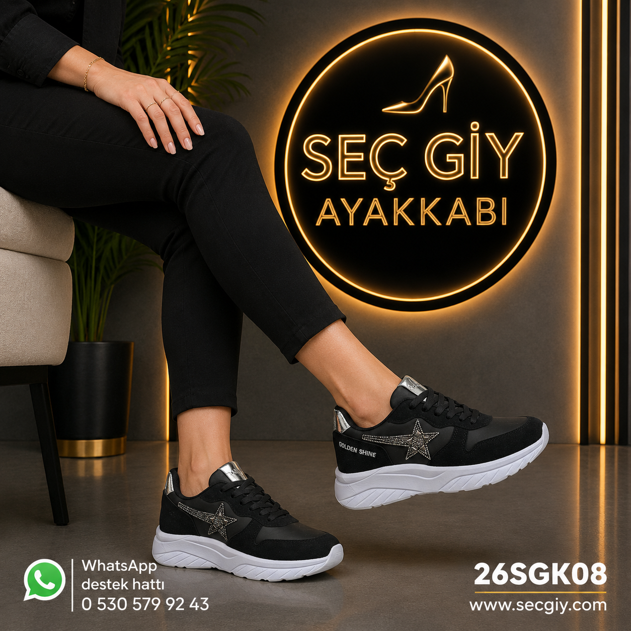 Siyah Taşlı Yıldız Detaylı Kadın Spor Ayakkabı – Kalın Taban Sneaker