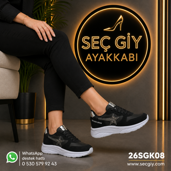 Siyah Taşlı Yıldız Detaylı Kadın Spor Ayakkabı – Kalın Taban Sneaker