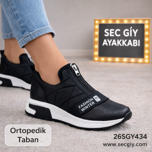 Siyah Ortopedik Taban Fermuarlı Kadın Sneaker – Spor Günlük Ayakkabı