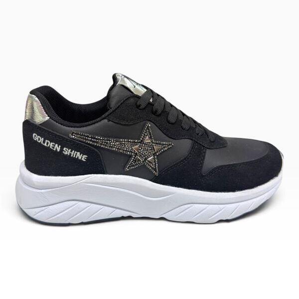 Siyah Taşlı Yıldız Detaylı Kadın Spor Ayakkabı – Kalın Taban Sneaker