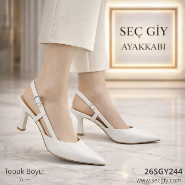 Beyaz Çapraz Bantlı Slingback Kadın Topuklu Ayakkabı 7 cm