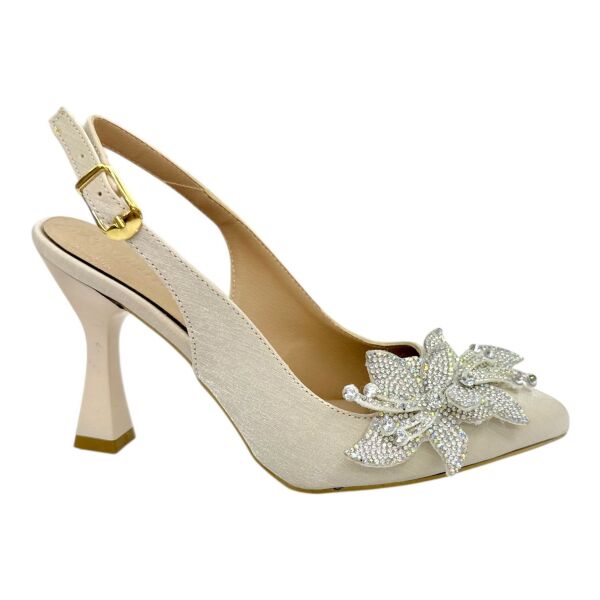 Swarovski Taş Tokalı Krem Krokodil Desenli Slingback Topuklu Ayakkabı 37