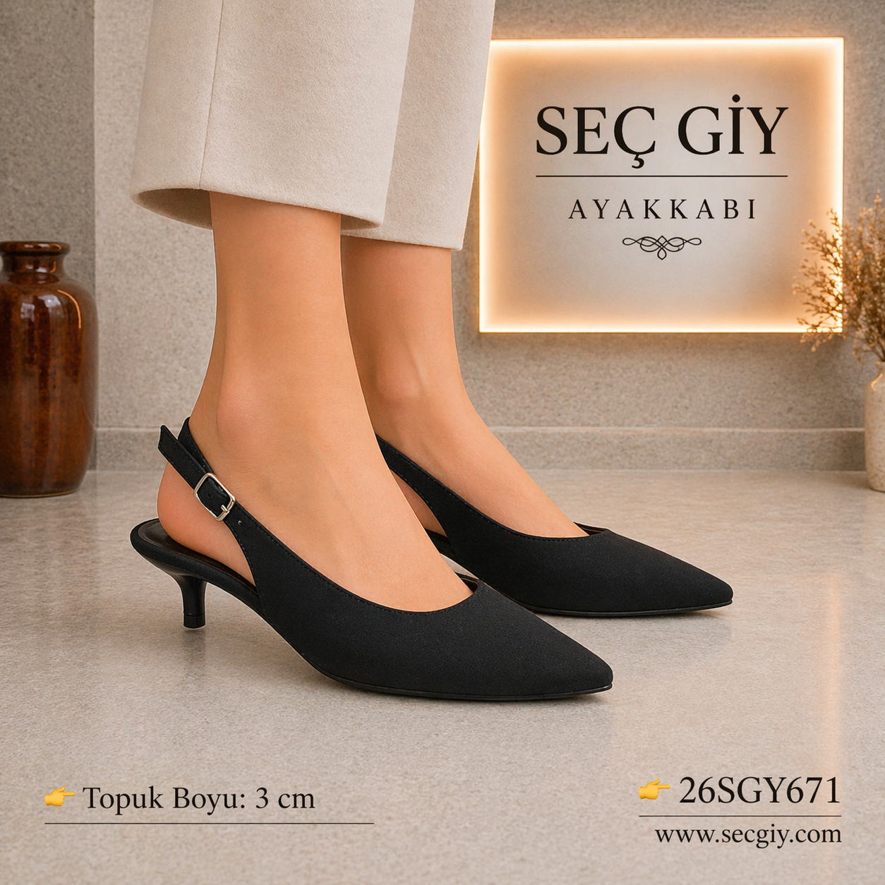 Siyah Slingback Sivri Burun Düşük Topuklu Ayakkabı Kadın 3 cm Günlük & Ofis Şık Model