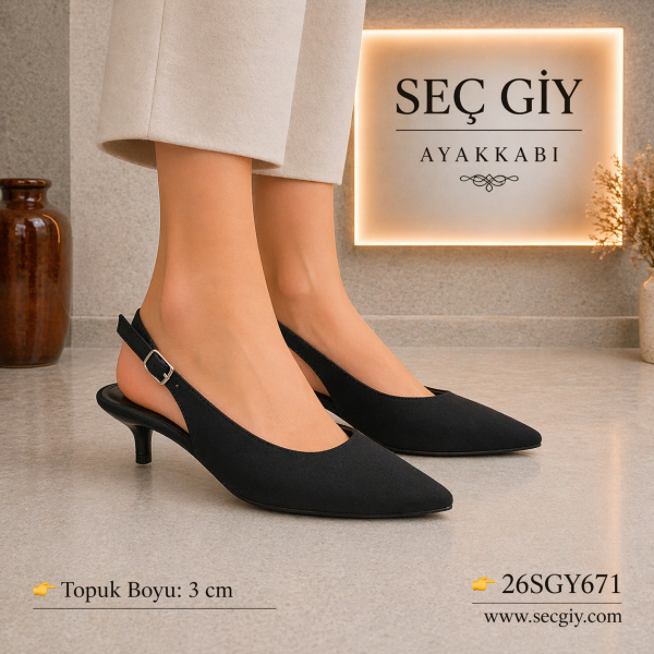 Siyah Slingback Sivri Burun Düşük Topuklu Ayakkabı Kadın 3 cm Günlük & Ofis Şık Model