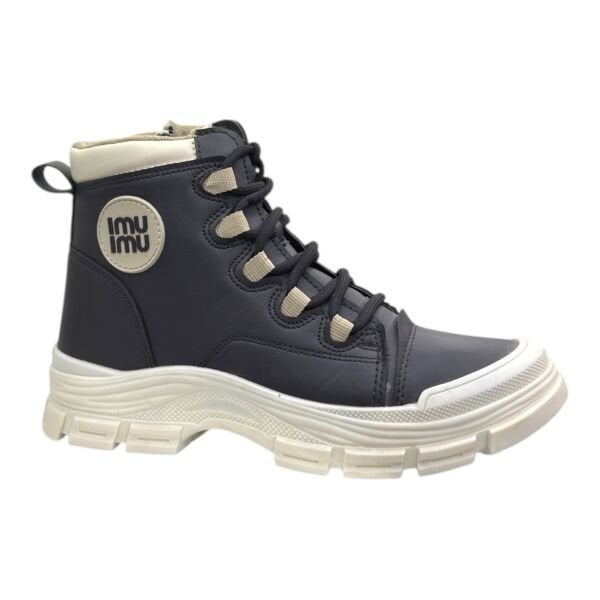 Siyah Bağcıklı Kadın Bilek Botu Kalın Taban Yuvarlak Burun