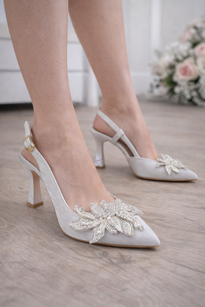 Swarovski Taş Tokalı Gümüş Krokodil Desenli Slingback Topuklu Ayakkabı