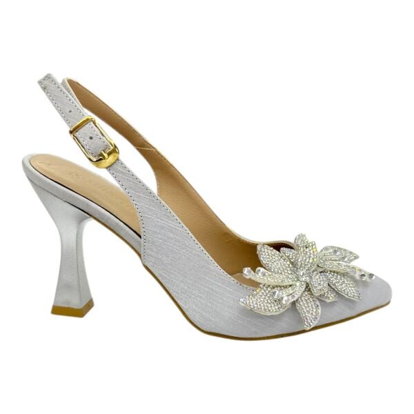 Swarovski Taş Tokalı Gümüş Krokodil Desenli Slingback Topuklu Ayakkabı