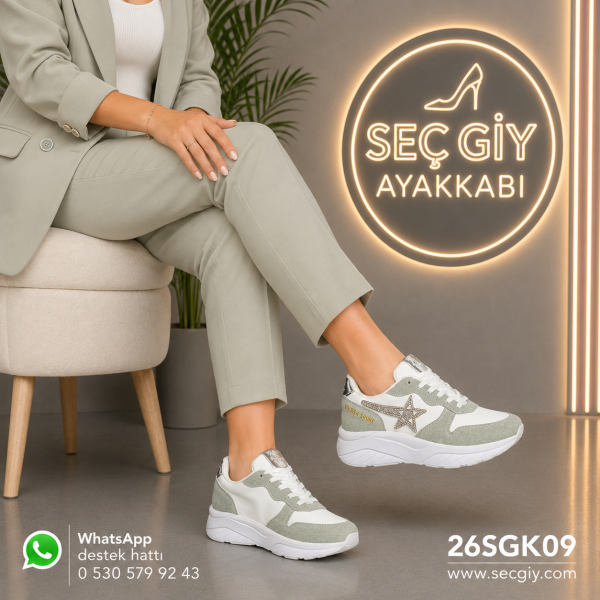 Su Yeşili Beyaz Yıldız Detaylı Kadın Spor Ayakkabı – Kalın Taban Sneaker