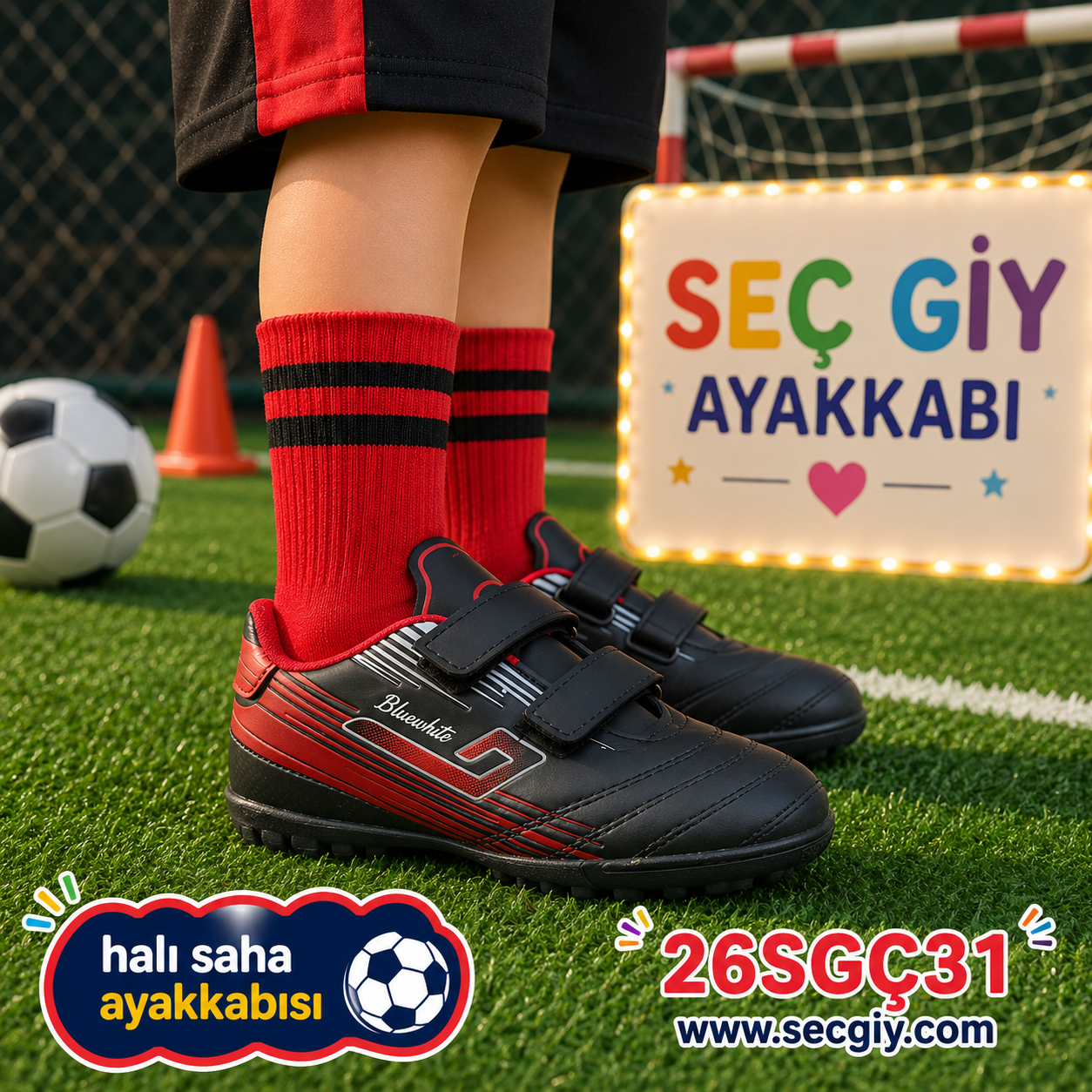 Erkek Çocuk Siyah Kırmızı Cırtlı Halı Saha Ayakkabısı