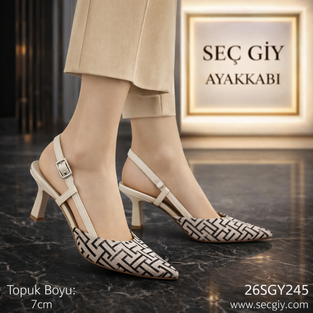 Bej Desenli Slingback Kadın Topuklu Ayakkabı 7 cm