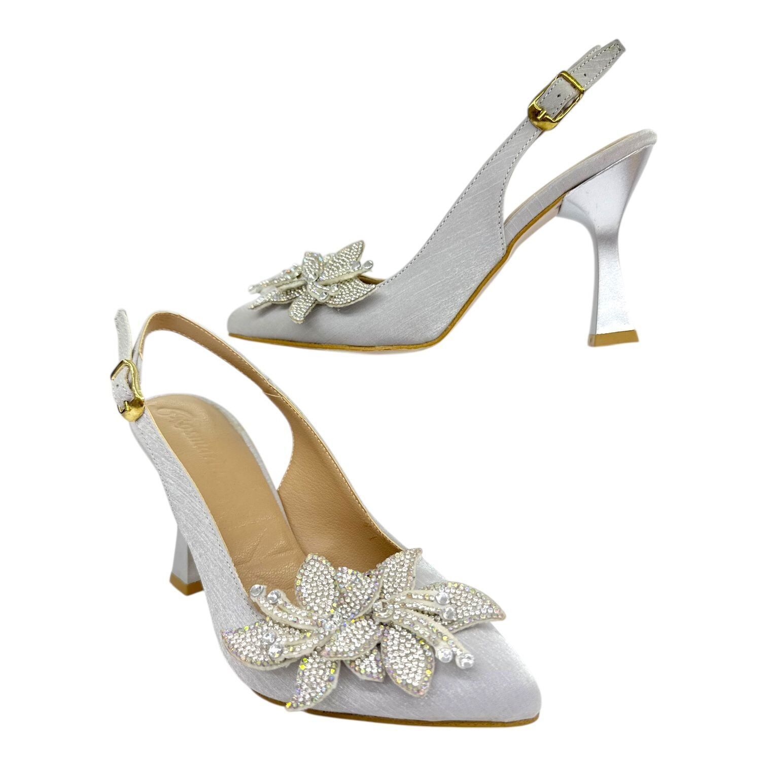 Swarovski Taş Tokalı Gümüş Krokodil Desenli Slingback Topuklu Ayakkabı 38