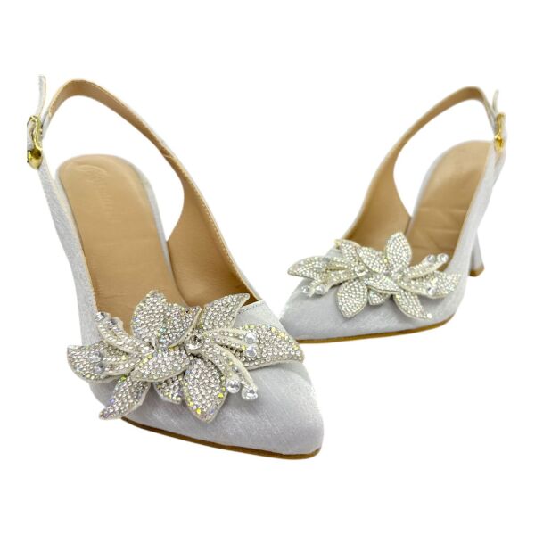 Swarovski Taş Tokalı Gümüş Krokodil Desenli Slingback Topuklu Ayakkabı 38