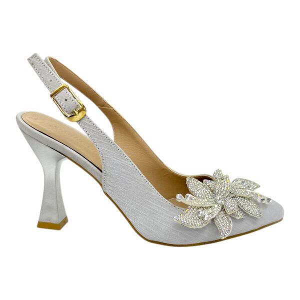 Swarovski Taş Tokalı Gümüş Krokodil Desenli Slingback Topuklu Ayakkabı 38