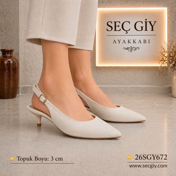 Bej Slingback Sivri Burun Düşük Topuklu Ayakkabı Kadın 3 cm Günlük & Ofis Şık Model