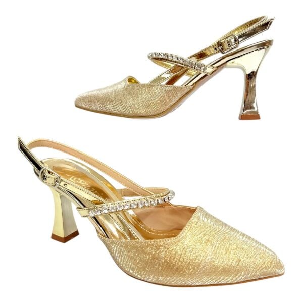 Siyah Gold Çiçek Aksesuarlı Slingback Topuklu Ayakkabı