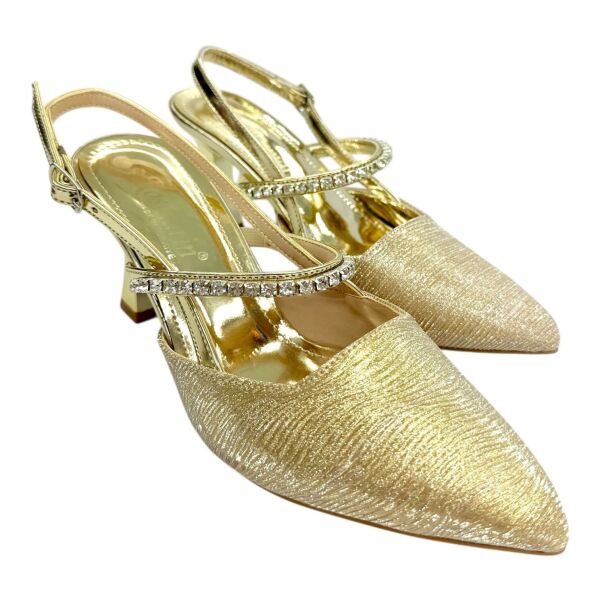 Siyah Gold Çiçek Aksesuarlı Slingback Topuklu Ayakkabı