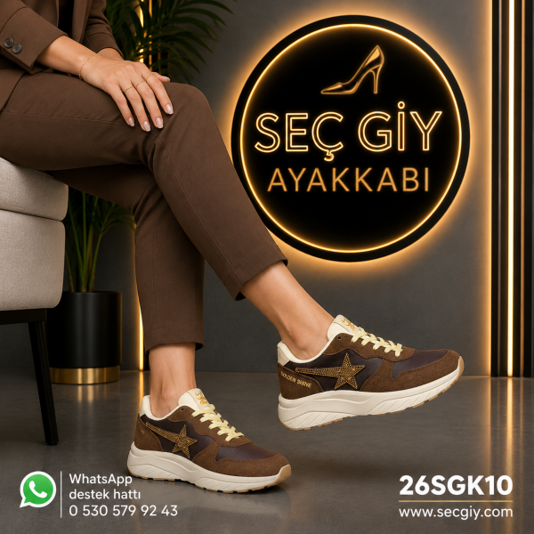 Acı Kahve Gold Yıldız Detaylı Kadın Spor Ayakkabı – Kalın Taban Sneaker