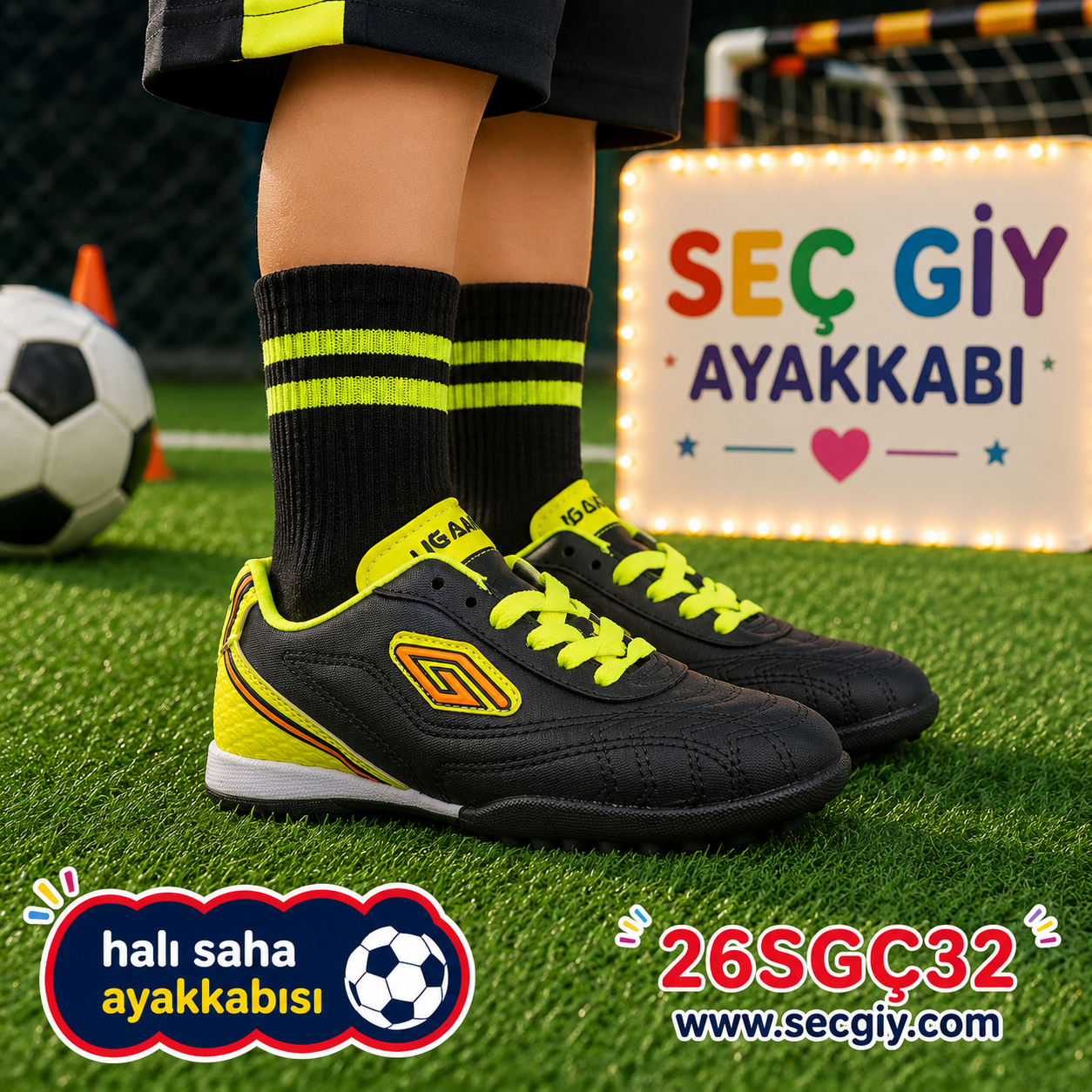 Erkek Çocuk Siyah Neon Sarı Halı Saha Ayakkabısı
