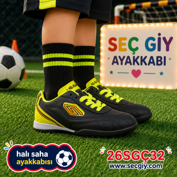 Erkek Çocuk Siyah Neon Sarı Halı Saha Ayakkabısı