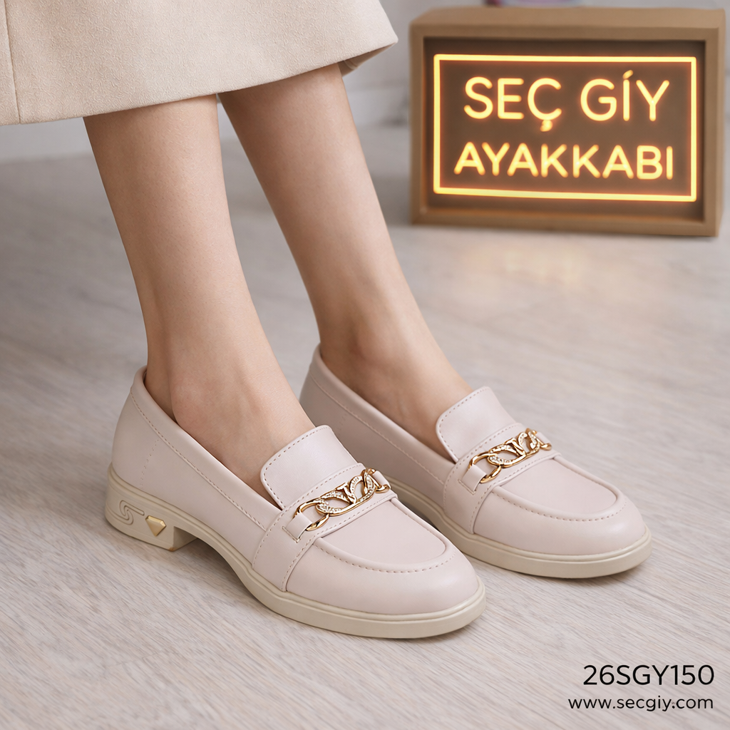 Zincir Detaylı Ekru Bayan Loafer Ayakkabı – Ofis ve Günlük