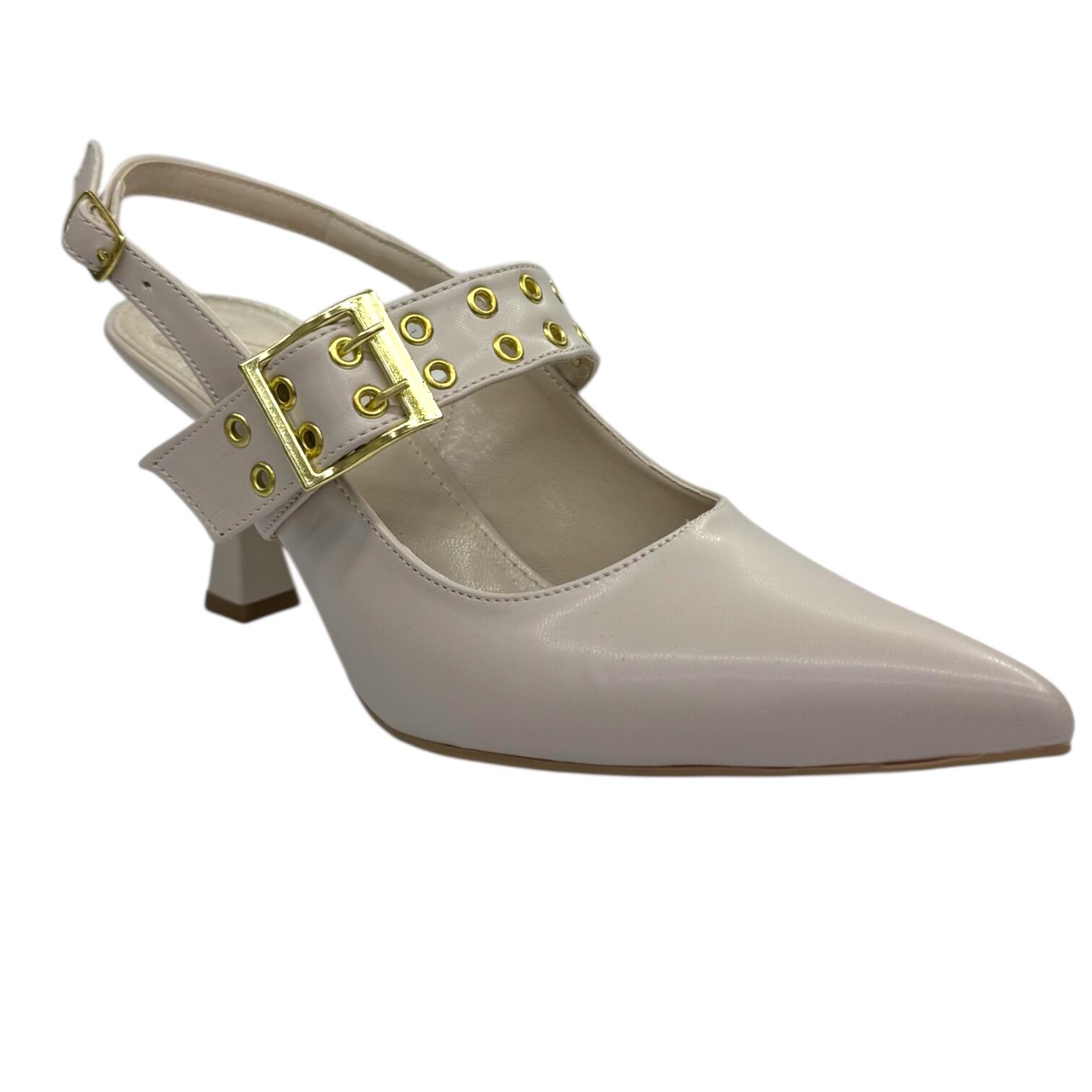 Krem Kemerli Sivri Burun Topuklu Ayakkabı