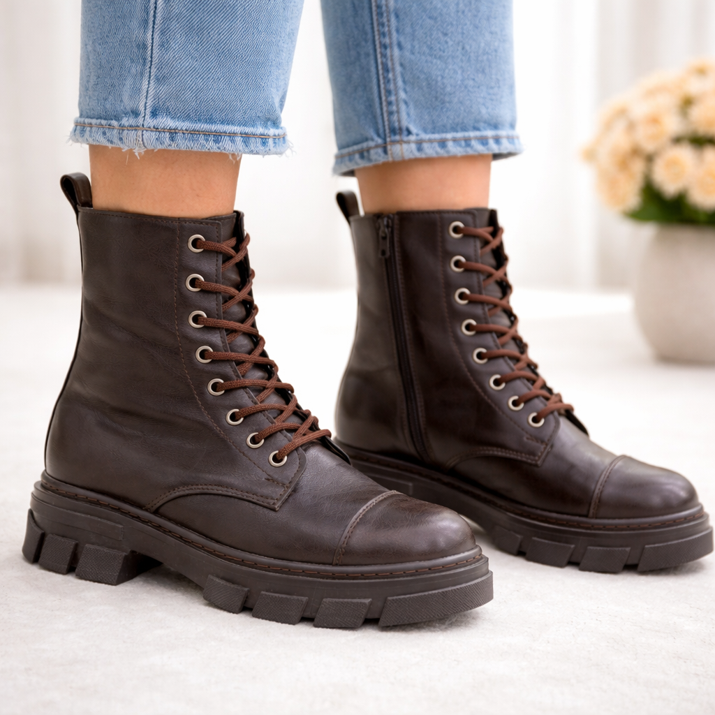 Kahverengi Bağcıklı Kadın Postal Bot Kalın Dişli Taban Yuvarlak Burun