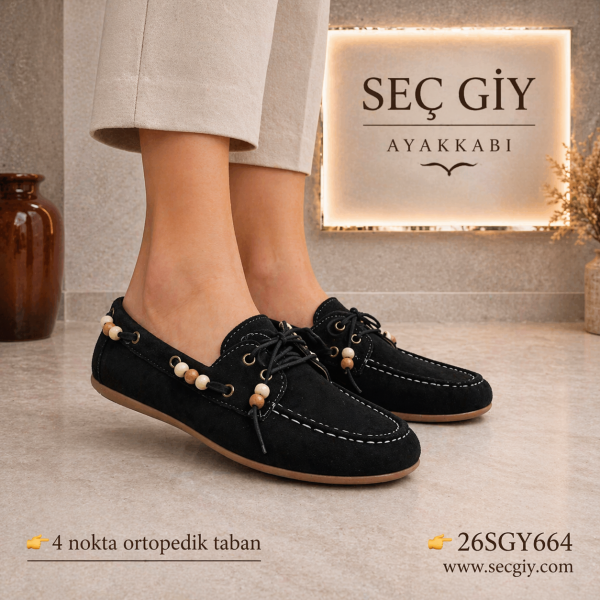 Siyah Bağcıklı Ortopedik Kadın Ayakkabı Günlük Rahat 4 Nokta Taban Konfor Model