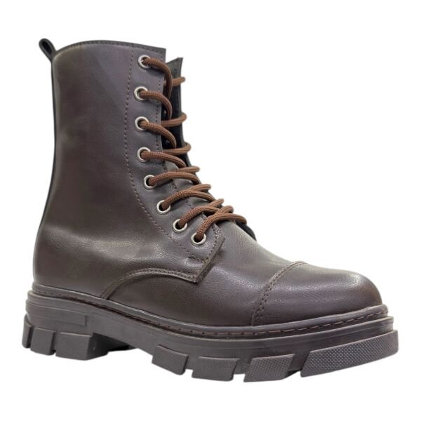 Kahverengi Bağcıklı Kadın Postal Bot Kalın Dişli Taban Yuvarlak Burun