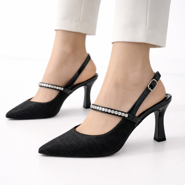 Siyah Simli ve Taşlı Bantlı Gece Topuklu Ayakkabı
