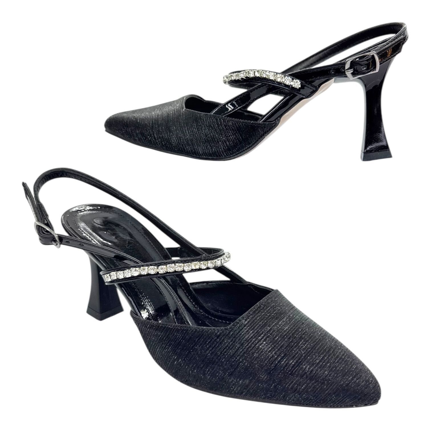 Siyah Simli ve Taşlı Bantlı Gece Topuklu Ayakkabı