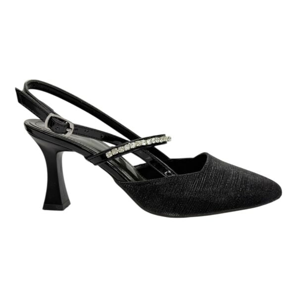 Siyah Simli ve Taşlı Bantlı Gece Topuklu Ayakkabı