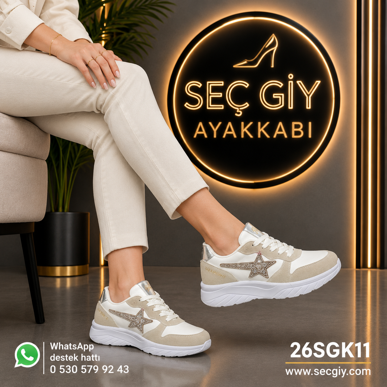 Krem Beyaz Taşlı Yıldız Detaylı Kadın Spor Ayakkabı – Kalın Taban Sneaker