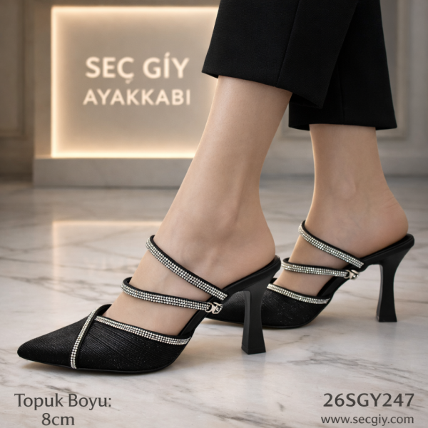 Siyah Taş Detaylı Kadın Topuklu Terlik 8 cm – Sivri Burun Şık Model