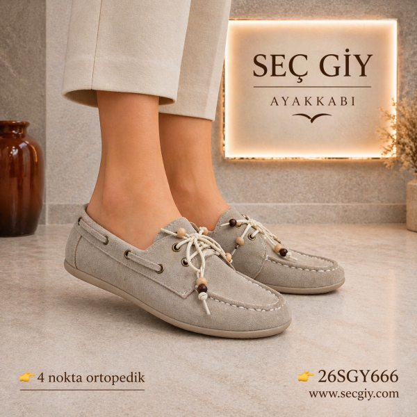 Bej Bağcıklı Ortopedik Kadın Ayakkabı Günlük Rahat 4 Nokta Taban Konfor Model