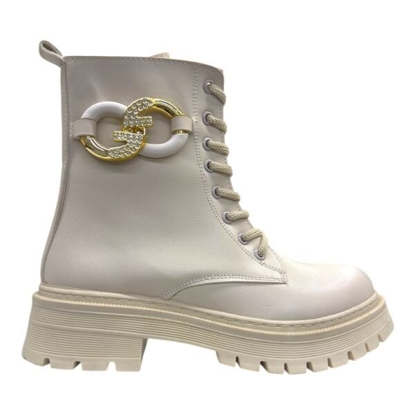 Krem Taşlı Zincir Detaylı Kadın Bağcıklı Postal Bot Kalın Taban