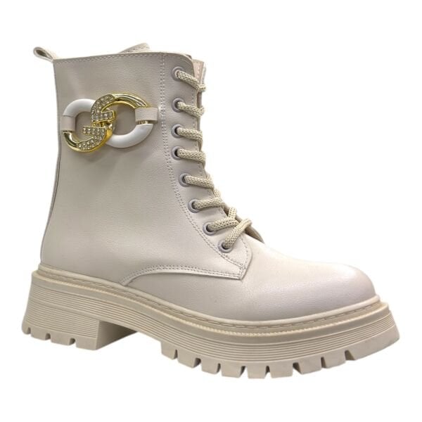 Krem Taşlı Zincir Detaylı Kadın Bağcıklı Postal Bot Kalın Taban