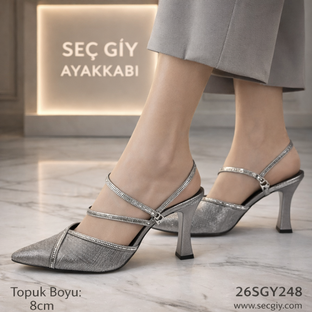 Gümüş Simli Taş Şeritli Kadın Topuklu Ayakkabı 8 cm – Sivri Burun Abiye Model