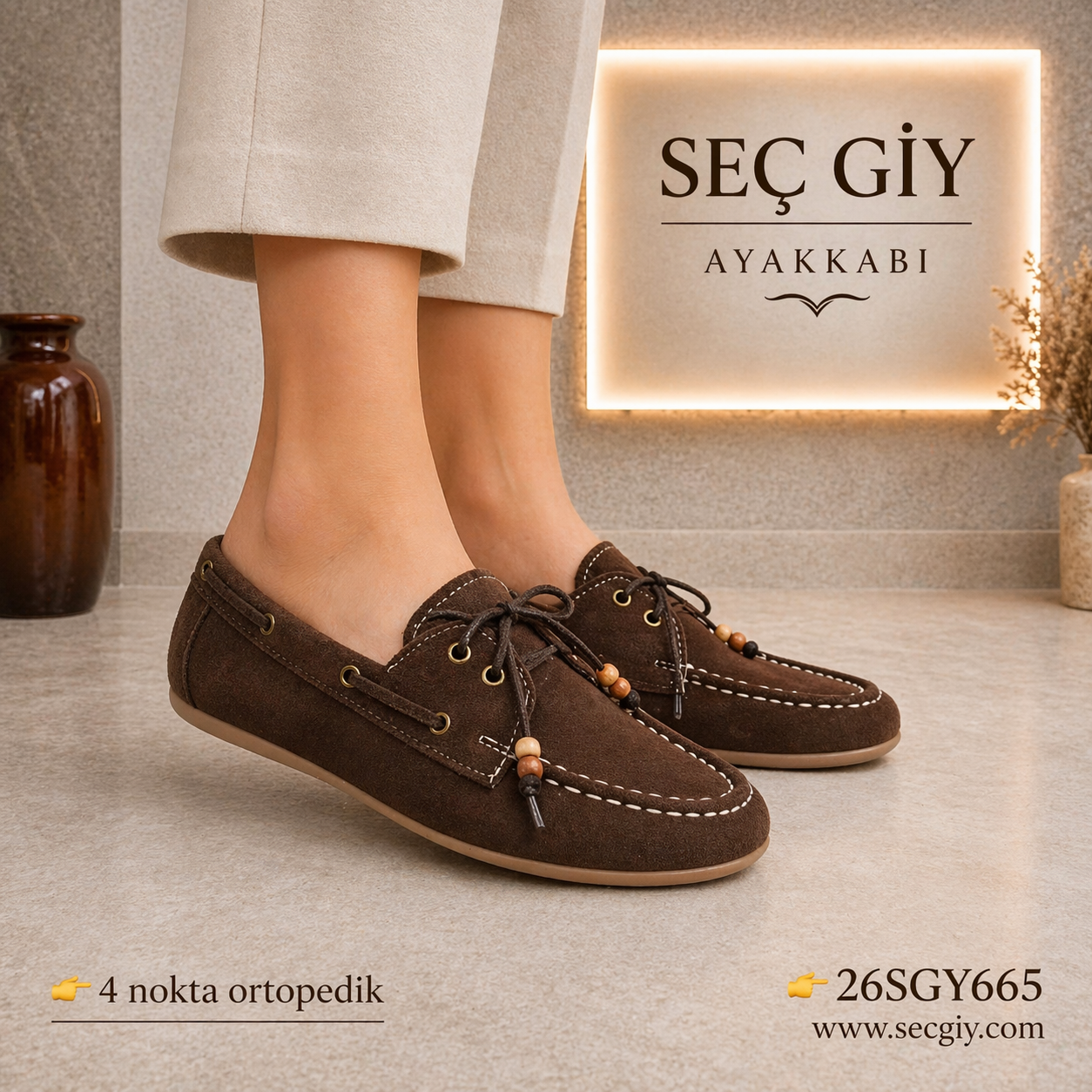 Kahverengi Bağcıklı Ortopedik Kadın Ayakkabı 4 Nokta Taban Rahat Günlük Model